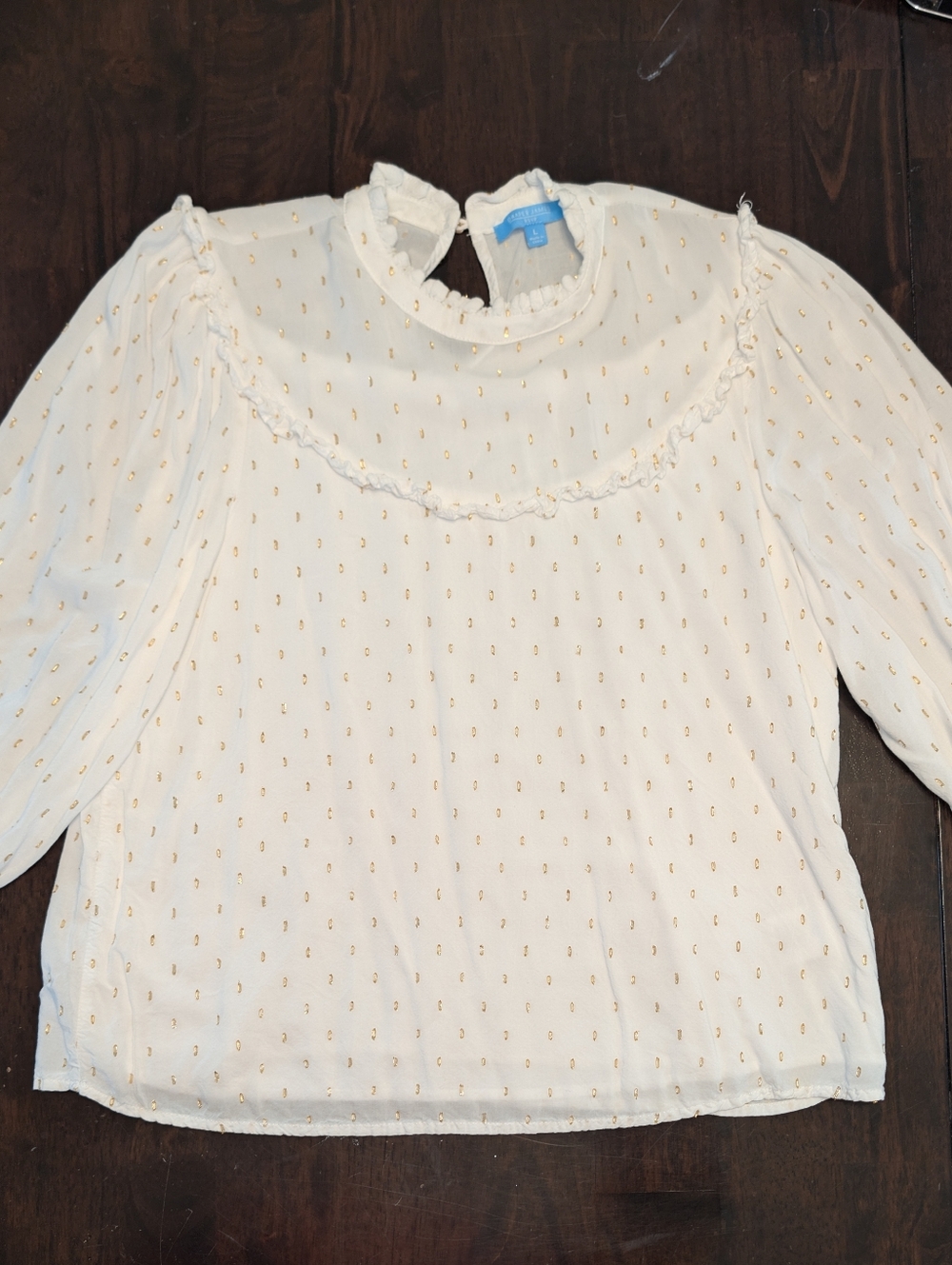 Draper James Cream Blouse with Gold Dot Detail Feminine Ruffle Cute Light Airy